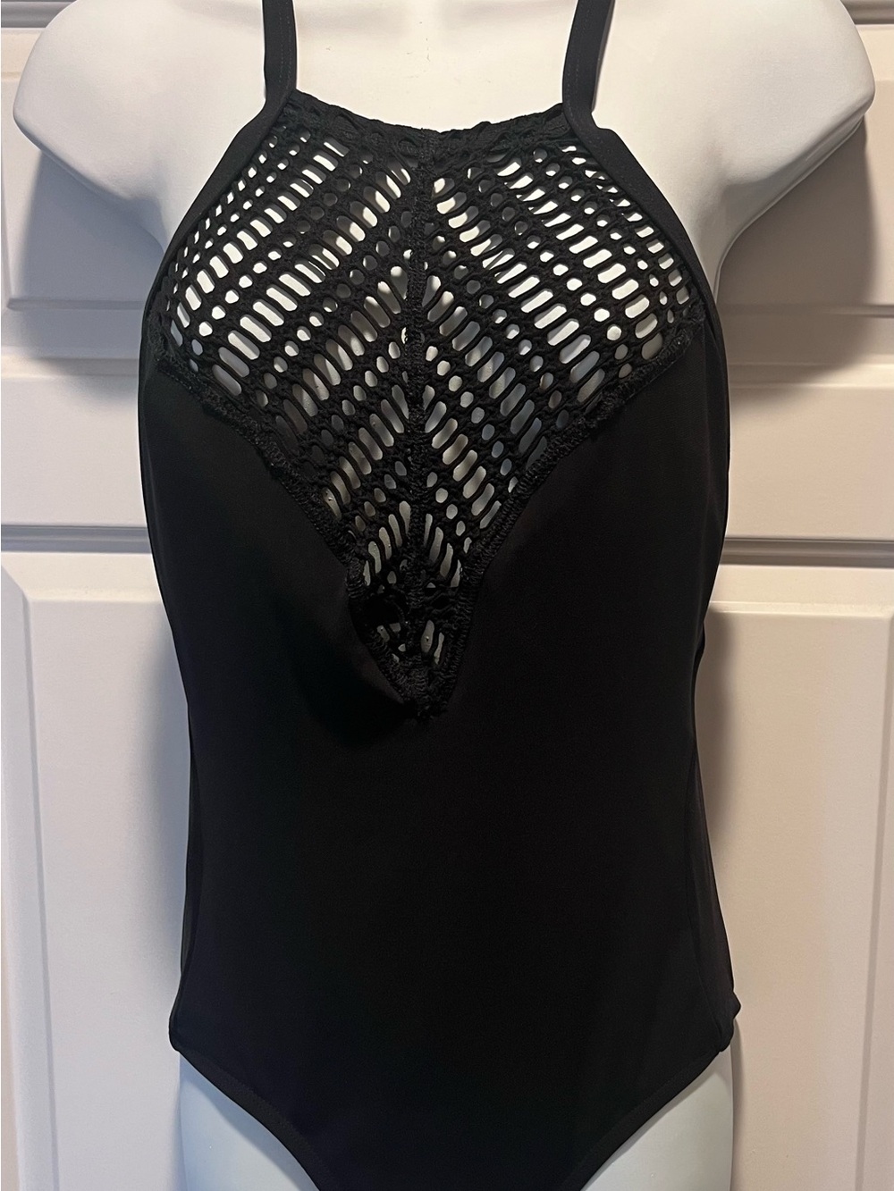 Robin Piccone ‘Sophia’ Black High-Neck One-Piece Swimsuit crochet Detail, Size10 - Picture 2 of 5